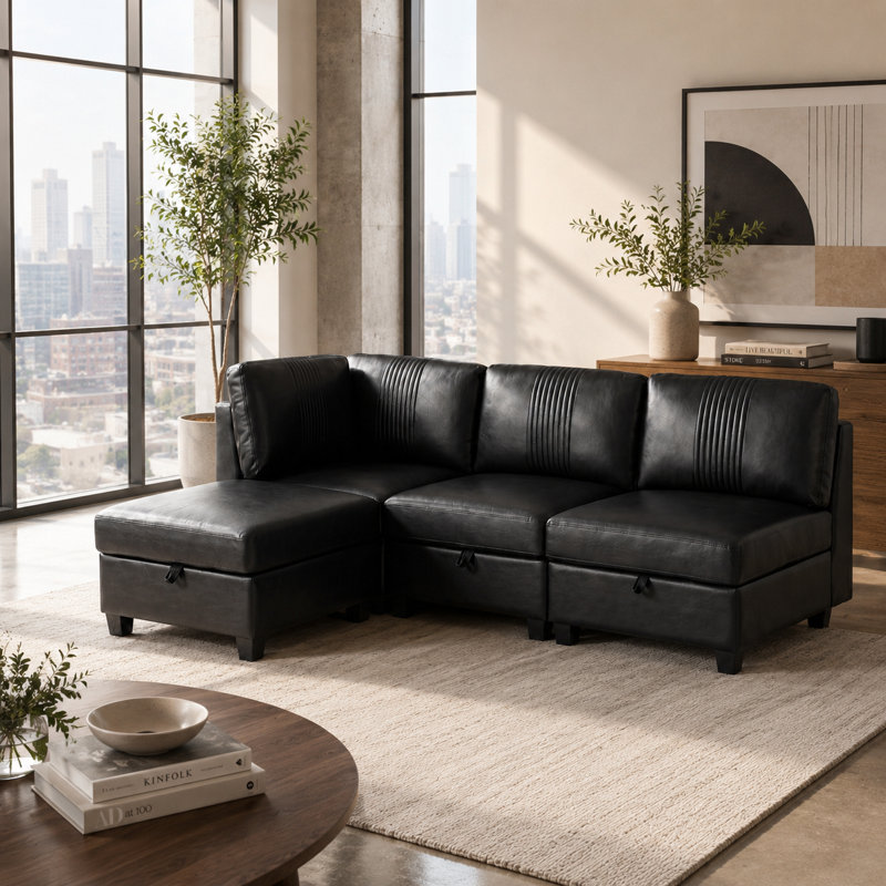 Canapé modulaire flexible avec rangement dissimulé sous le siège, canapé convertible en cuir de polyuréthane, ensemble modulaire en forme de L sans outil