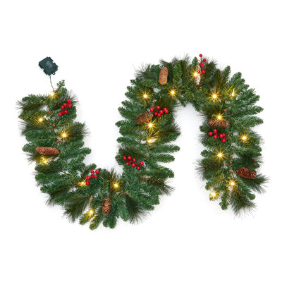 6ft/9ft Pre-Lit Christmas Garland, Battery Operated with Warm White LED Lights for Indoor and Outdoor Use