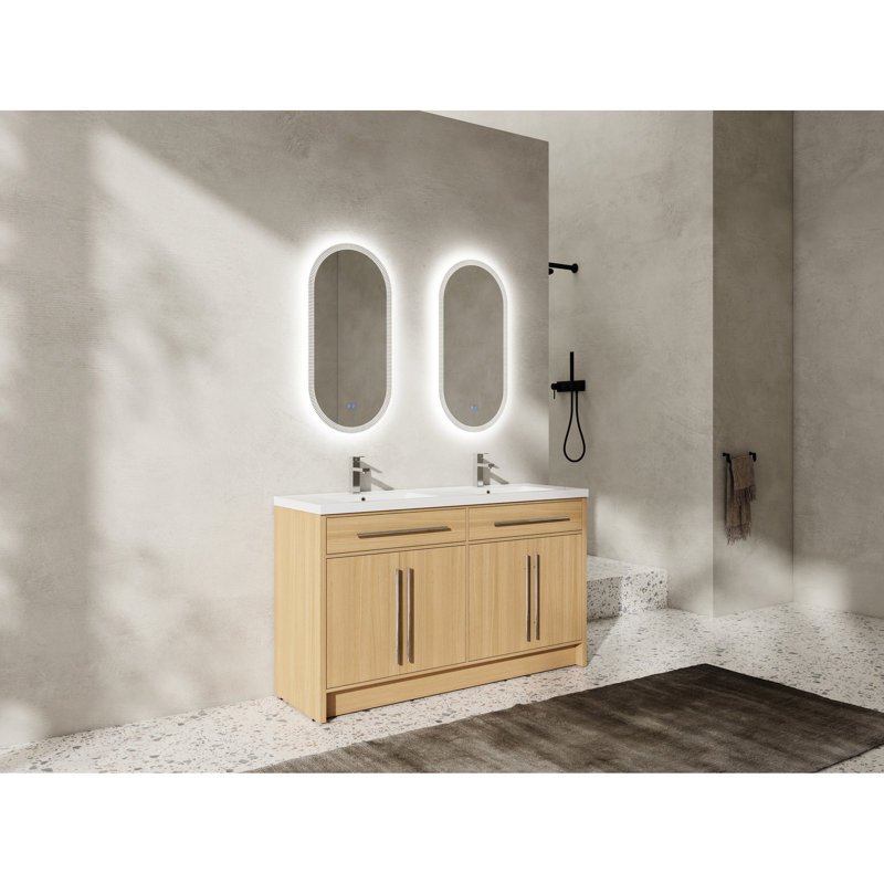 Meuble-lavabo de 60 po avec lavabo double en résine, 4 portes à fermeture douce, contreplaqué de chêne original pour un cadre élégant et confortable