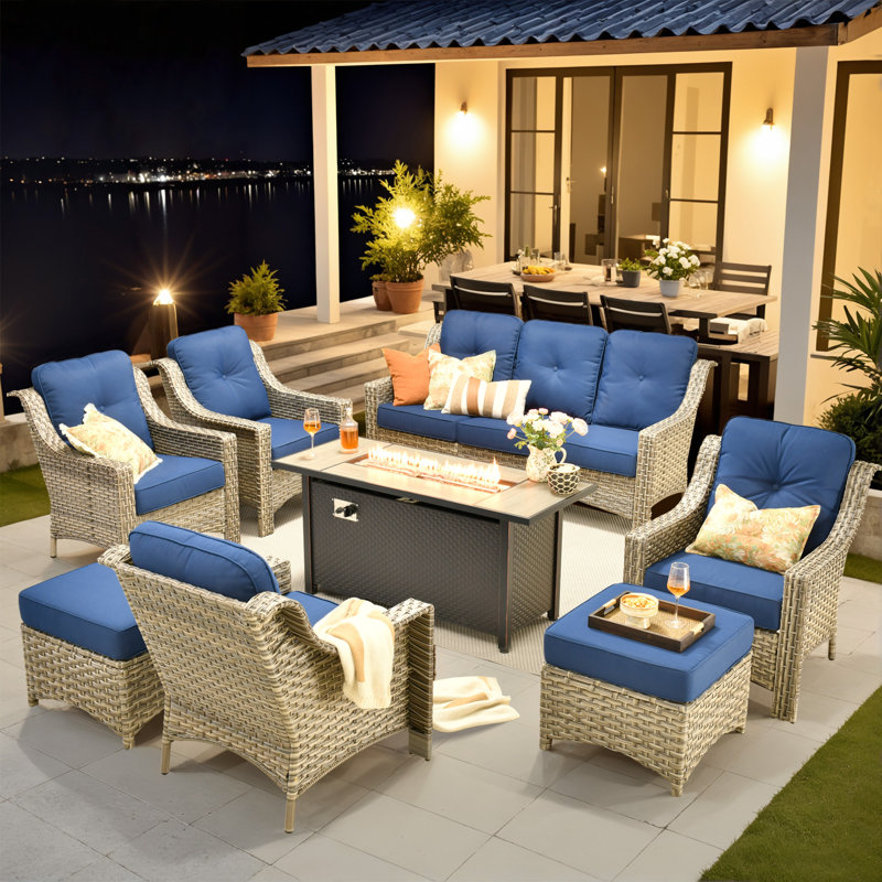 Emanuell 7 - Person Wicker Outdoor Conversation Set, Patio Sofa Set with Fire Pit and Cushions, Navy
