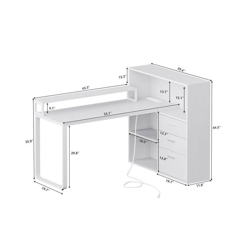 Bureau en L avec lumières DEL et 3 tiroirs Jaemon , Blanc