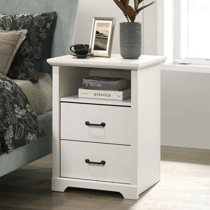 22"W White 2-Drawer Nightstand, Bedside Table with USB Charging Ports, White