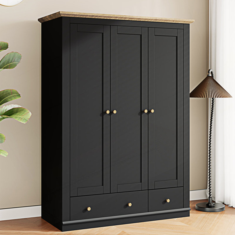 Armoire-penderie moderne à 3 portes avec 2 tiroirs, armoire avec penderie et tablettes, armoire d'appoint