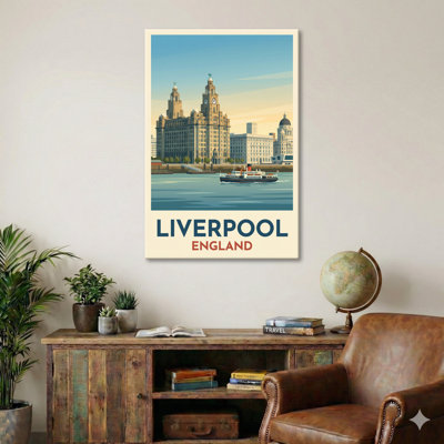 Liverpool, England - River Mersey Romance Travel Poster | Vintage-Style City Print. Giclee Print on Wrapped Canvas. Wall Art, Home Decor - Cities & Towns, England 1 Piece Wrapped Canvas Wall Art