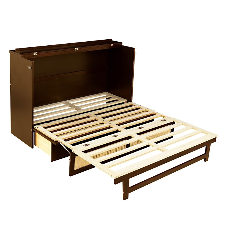 Grand lit escamotable, armoire en bois de pin avec décoration en rotin et tiroir de rangement
