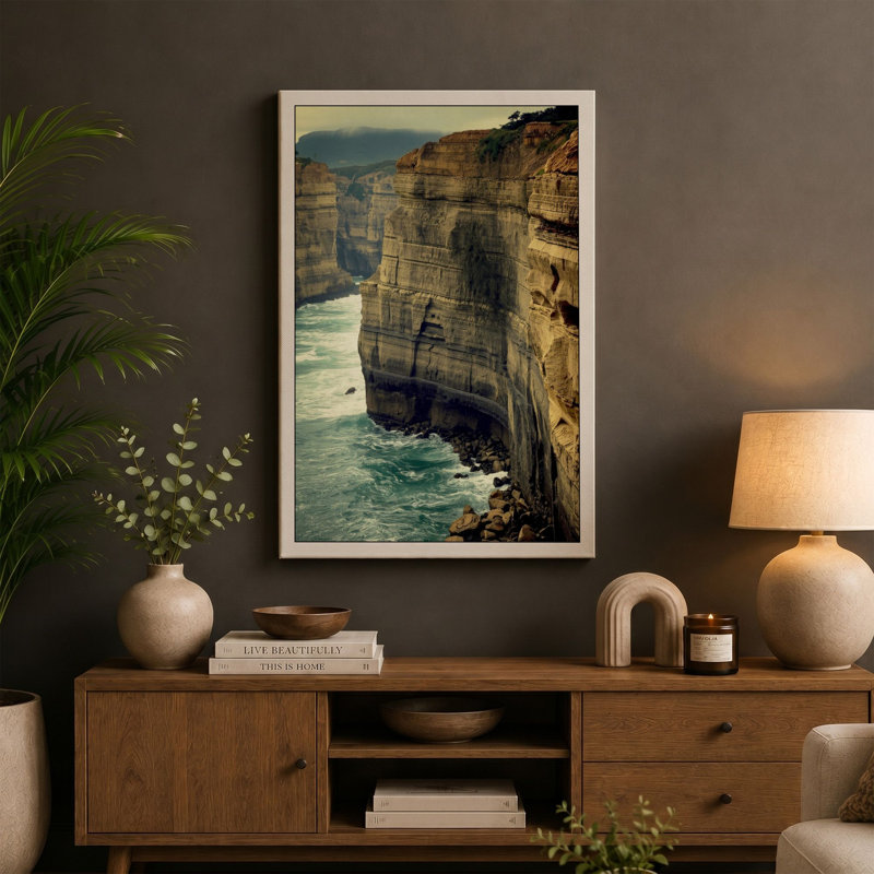 Cliffs and Turbulent Sea Coastal 1 Piece Wrapped Canvas Wall Art, 30x20 - 76.2 x 50.8 cm, Taupe Border