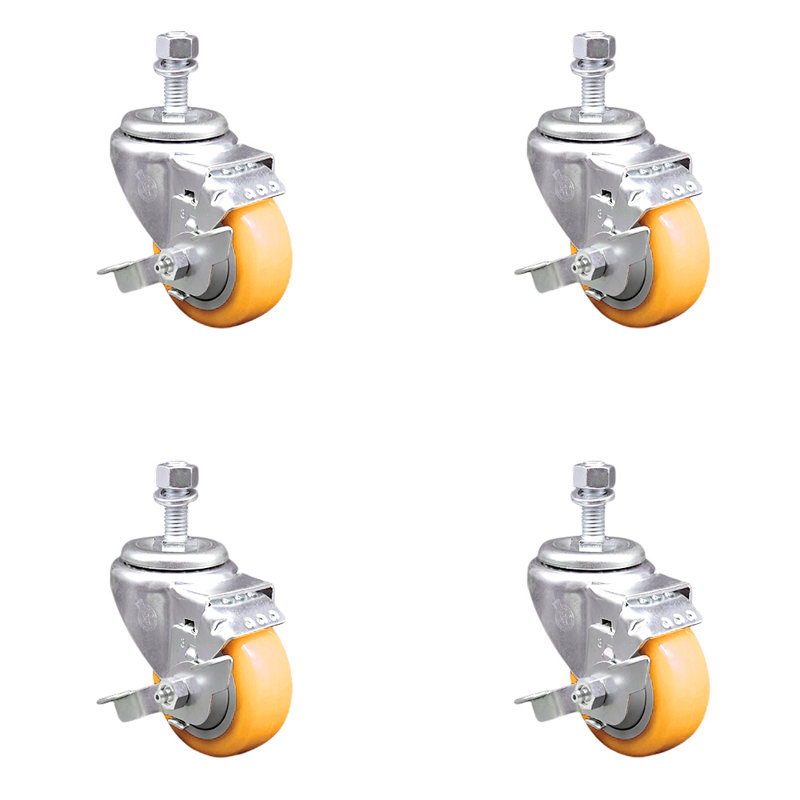 Ensemble de roulettes à tige filetée en polyuréthane pivotant de 3 pouces et en acier inoxydable