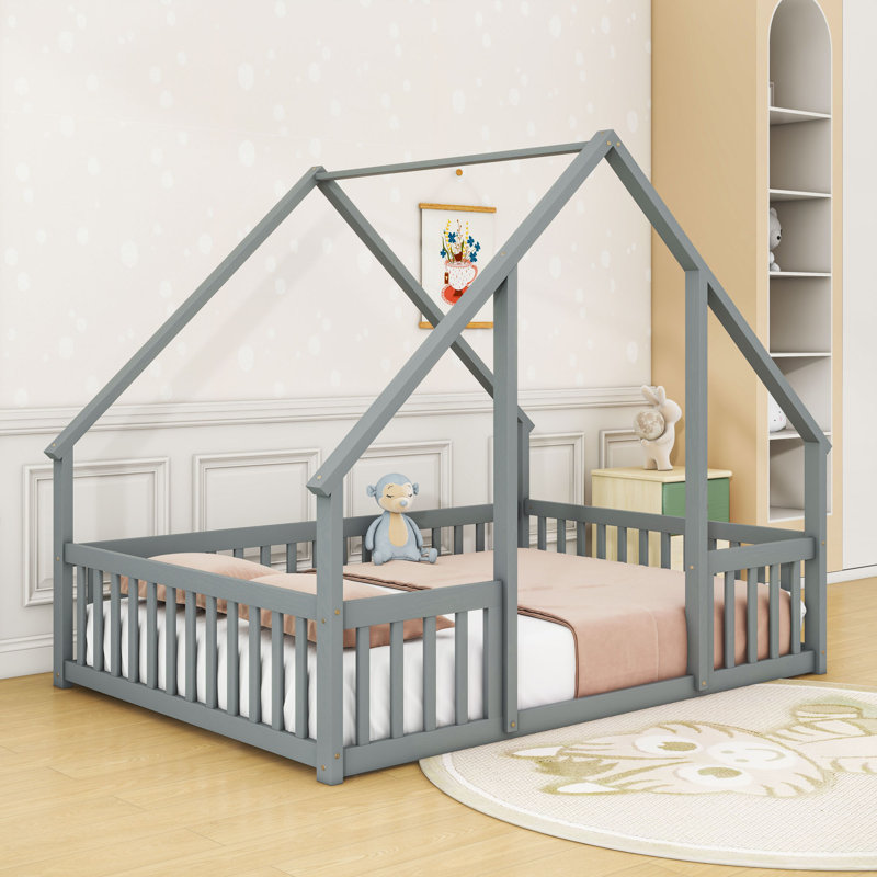 Wood House-Shaped Floor Bed With Guardrails, Gray, Full