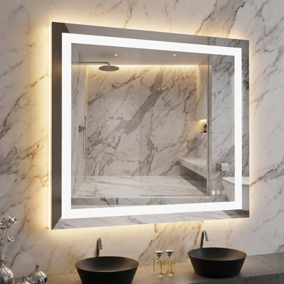 Miroir de salle de bain DEL 40 x 36 pouces, verre trempé, 1 pièce, miroir intelligent sans cadre, blanc, intensité réglable, antibuée, compatible avec interrupteur mural