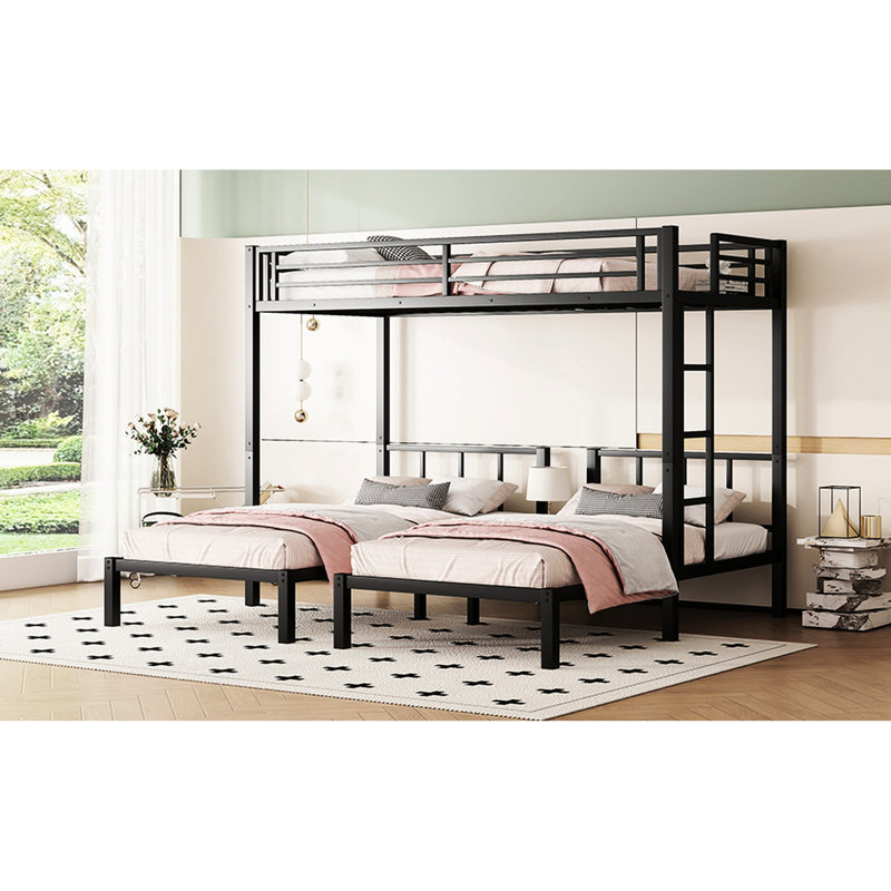 Lit superposé triple en métal noir - simple au-dessus et simple TG, construit avec des garde-corps et un espace supplémentaire pour le rangement pratique des garde-corps