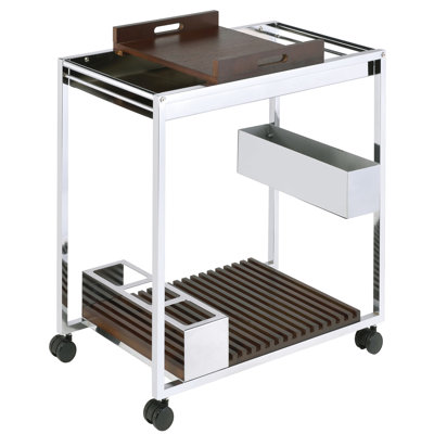 Serving Cart In And Brown Color - 2 Compartments For Organizing Belongings, Removable Wooden Tray, Wine Bottle Stand, Stemware Shelf Kitchen Storage Areas Storing Beverage Supplies, Rack,