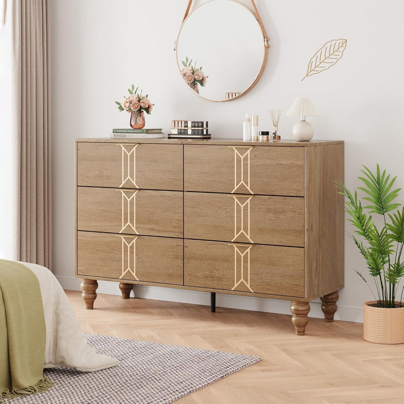 Commode 6 tiroirs en bois avec motif rétro, commode moderne à tiroirs profonds, Brun