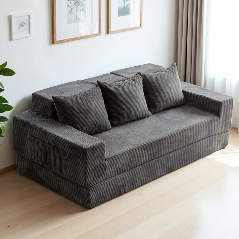 Boneless 4 In 1 Convertible Boneless Sofa Couch Foldable Floor Sofa Bed In A Box With 2 Cup Holders, Gray