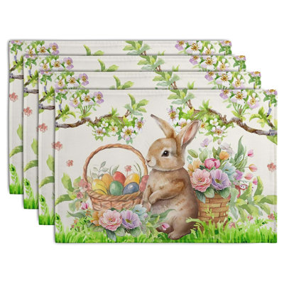 Set of 4 Easter Rabbit Floral Linen Placemats Spring Bunny Flowers Table Mats for Kitchen Dining Decor