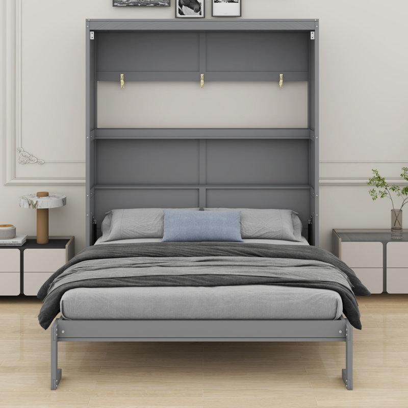 Lit escamotable polyvalent avec tablettes de rangement, Gris
