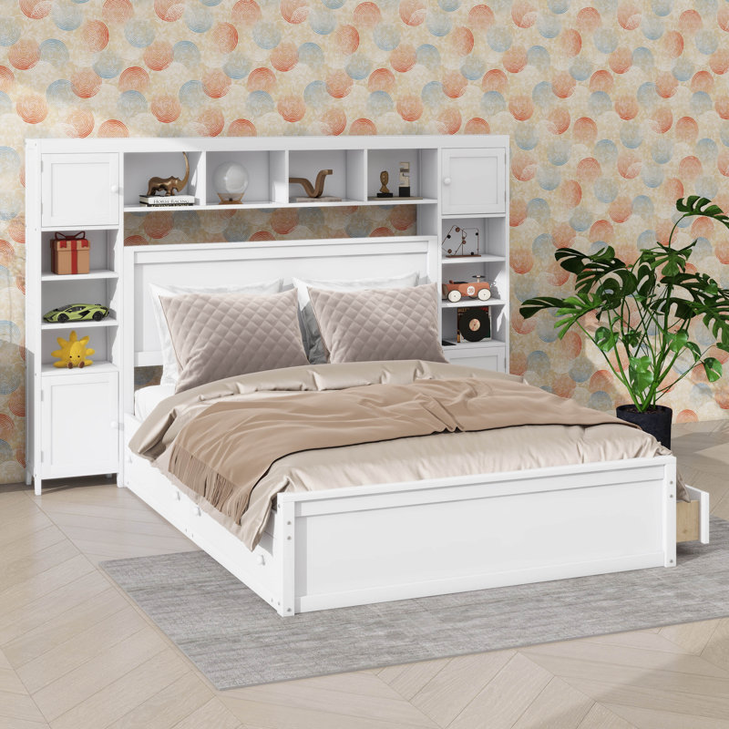 Grand lit escamotable en bois avec armoire intégrée, tablette et prises de courant