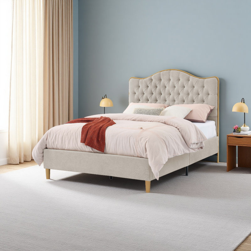 Luxelegance Upholstered Bed Frame, Khaki