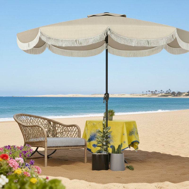 Parasol ventilé pour table de patio, parasol d'extérieur, avec manivelle, 8 nervures, inclinaison à bouton-poussoir, Kaki