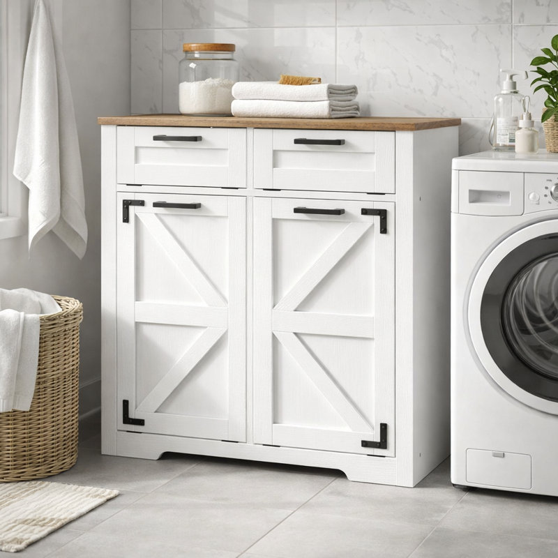Armoire à linge inclinable avec 2 paniers amovibles et 2 tiroirs, rangement pour salle de bain de style campagnard