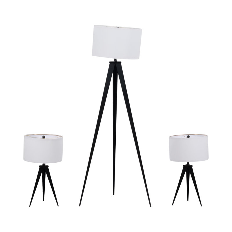 Black Modern Set of Three Metal Table & Floor Tripod Lamps - 16" x 16" x 60"