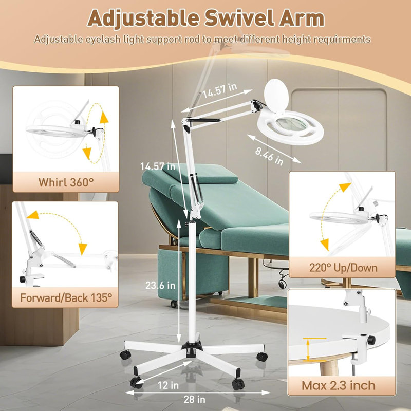2200 Lumens Dimmable Led Magnifying Floor Lamp With 10X Magnifier And Rolling Base For Crafts, Beauty And Close Work