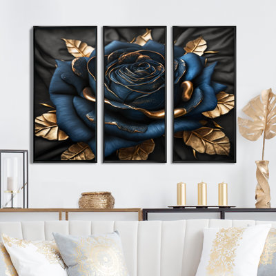 «Gilded Rose In Kings Blue IV», impression sur toile flottante 3 pièces