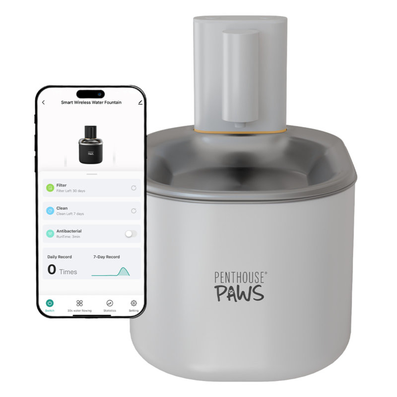 Penthouse Paws® Smart Wireless Cat Water Fountain 3.5L – WiFi App-Controlled, Ultra-Quiet 23 dB, Filtered, Battery-Powered Design, Stainless Steel