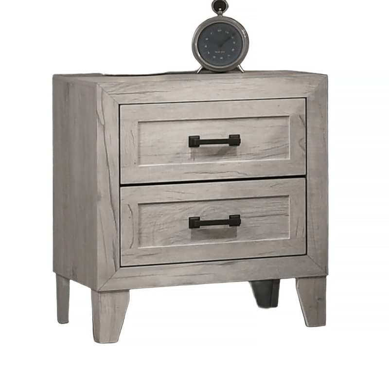 Table de chevet de style contemporain avec deux tiroirs et une poignée de barre noire, idéale pour ajouter élégance et fonctionnalité à votre chambre à coucher
