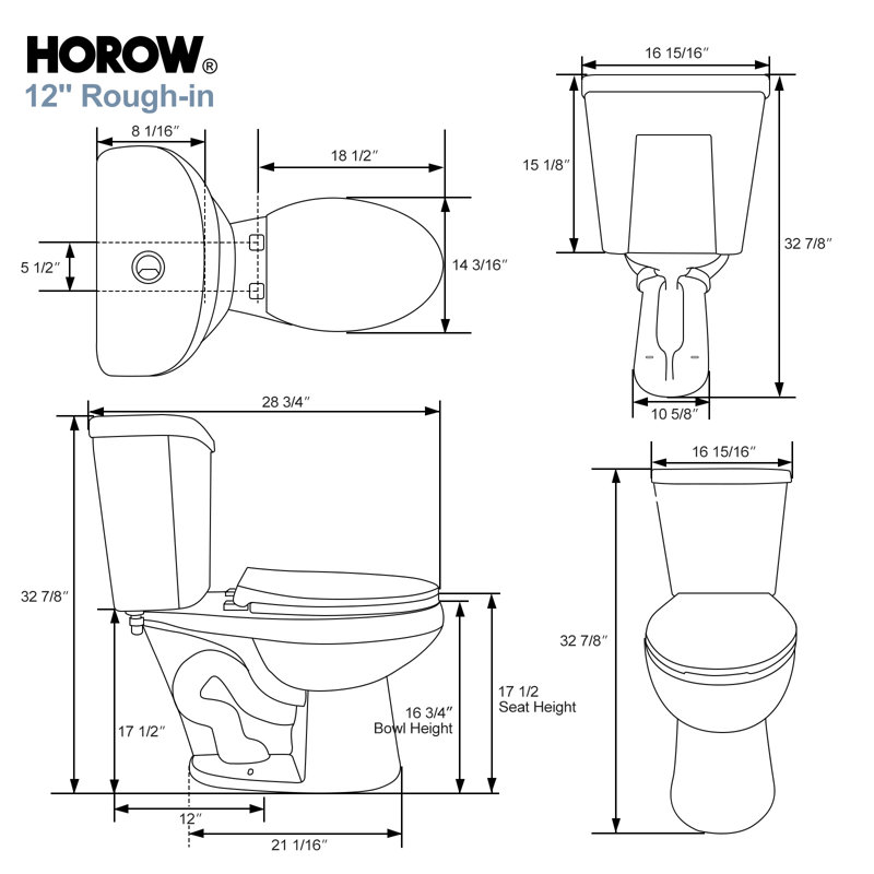 HOROW Elongated Chair-Height Two-Piece Toilet with Dual Flush and Soft-Close Seat, Floor Mounted, 1.28 GPF