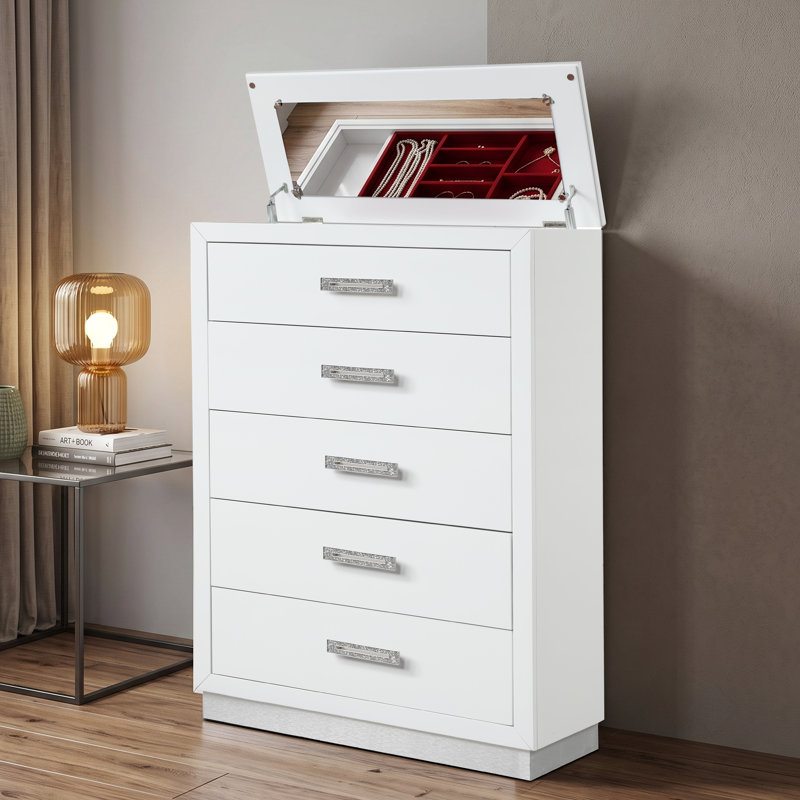 Janata King 2PC White, 4 Pieces: Bed, Nightstand, Mirror, Dresser, Très grand lit