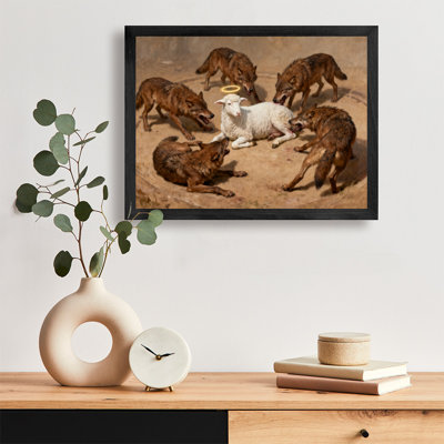 Reproduction d'art encadrée noire avec moutons rétro entourée de meutes de loups