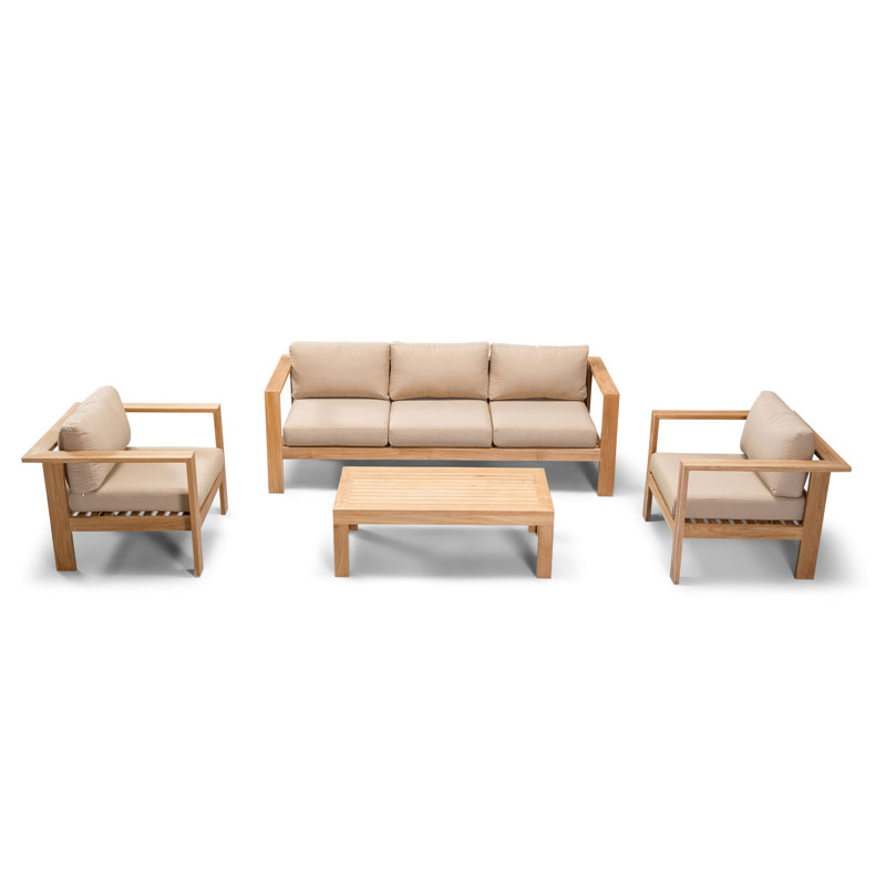 Ando 4 Piece Teak Sofa Seating Group with Sunbrella Cushions, 4 Pcs: Table, Sofa, 2 Chairs, Cast Silver Sunbrella®