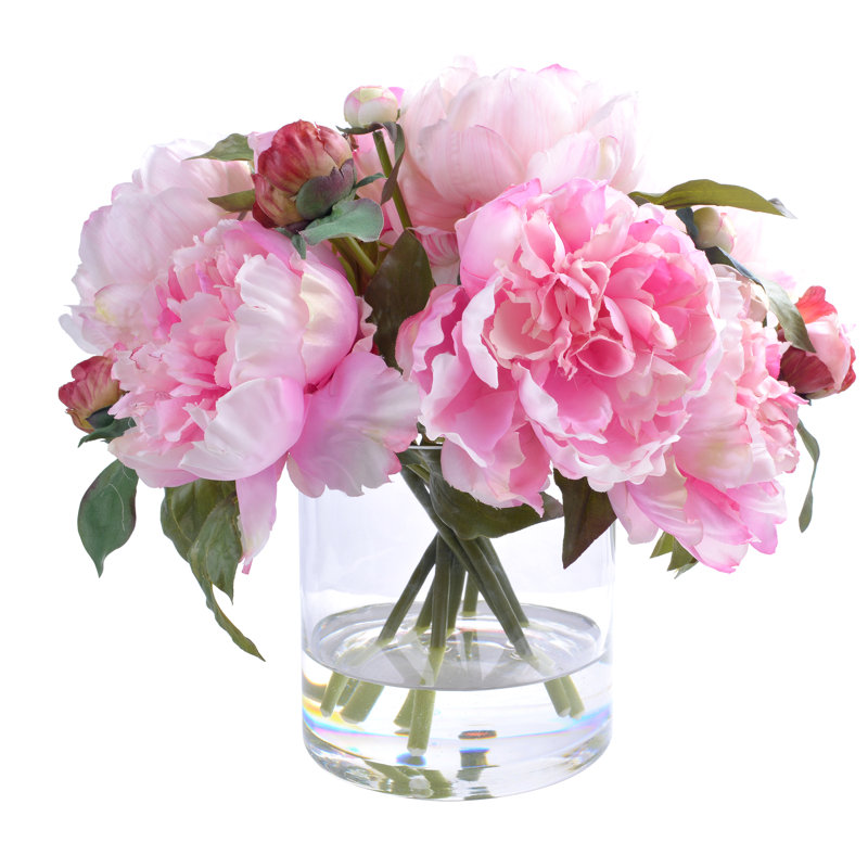 Pink Faux Peony Arrangement in Clear Glass Vase
