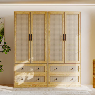 62.8" Wide 4-Rattan Door Wardrobe Closet Set With 4 Drawers & Anti-Tip Design by Bay Isle Home