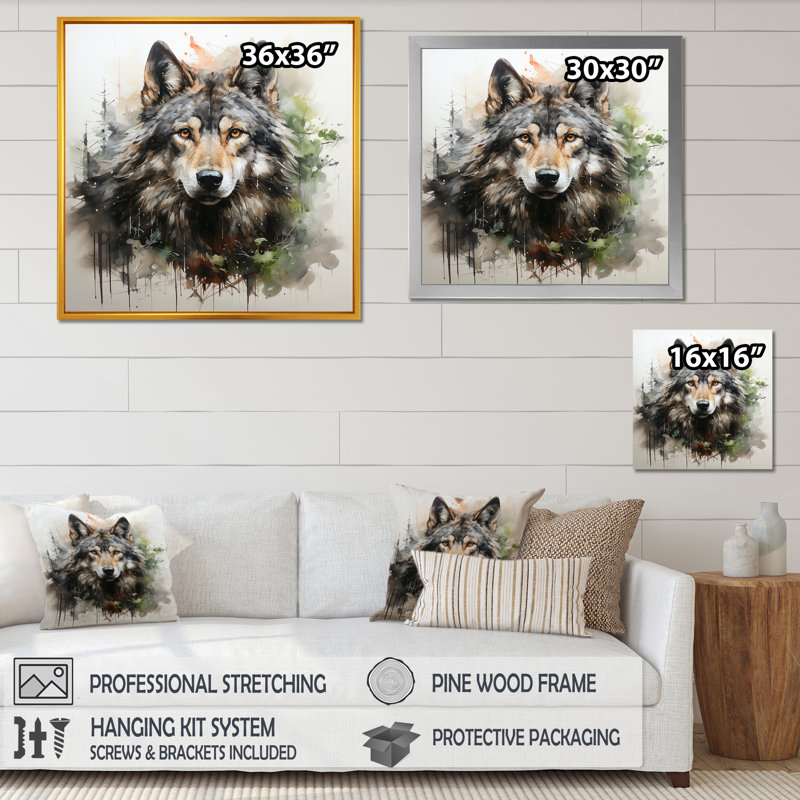 Solitude, portrait de loup II - loup grand, art mural, H 30 po x l 30 po x P 1,5 po, Cadre flottant doré
