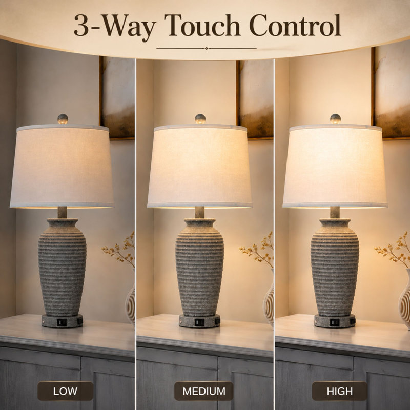 25" Bedside Table Lamps with 3-Way Touch Control, USB & Type-C Charging Ports, Bulbs Included, Gray