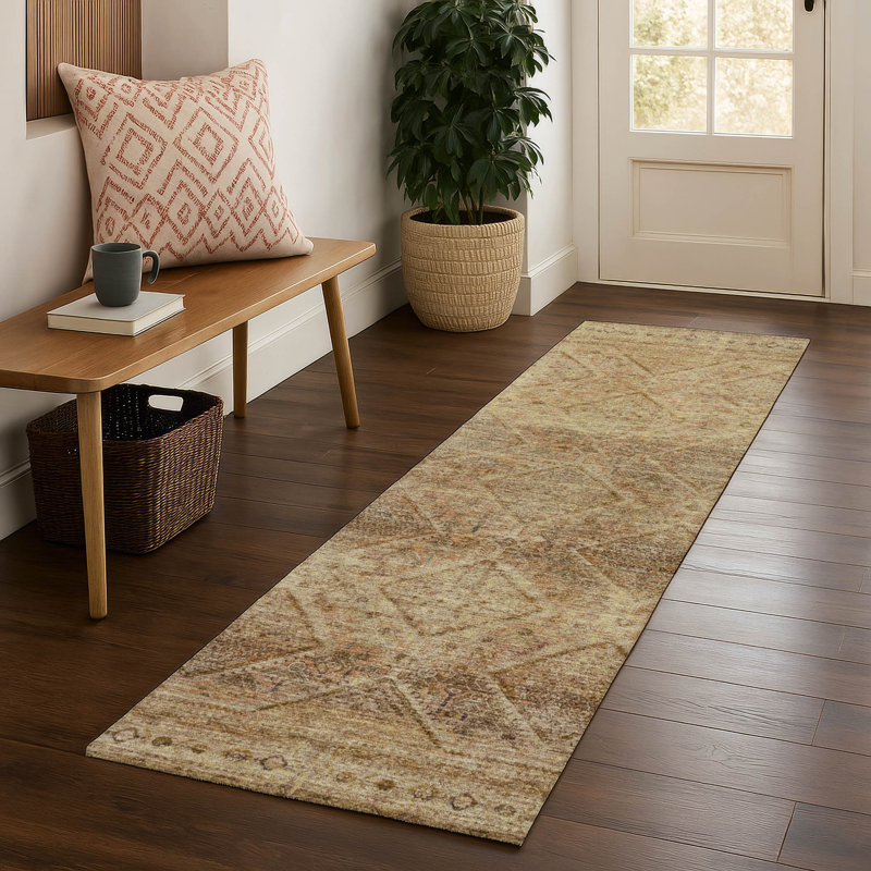 Premium Machine Washable Mayfield AMF2060 Geometric Rug, 2'3" x 7'6" Runner, Khaki