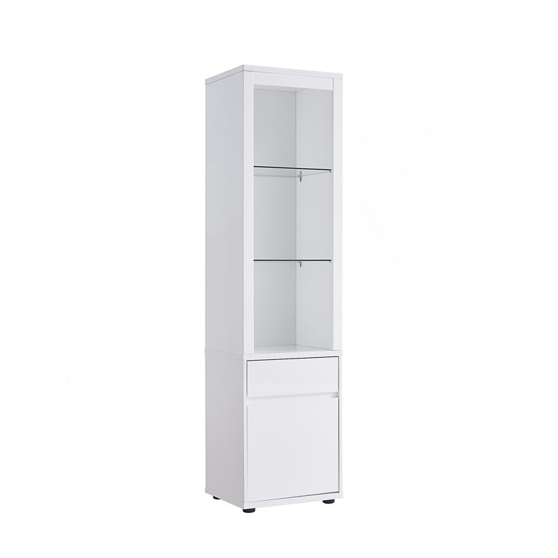 Vitrine contemporaine avec tablettes en verre et rangement caché, parfaite pour mettre en valeur et organiser vos articles essentiels.