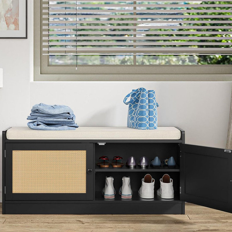 Banc de hall d'entrée en rotin avec rangement pour chaussures Dannelley, Noir, noir, noir, noir