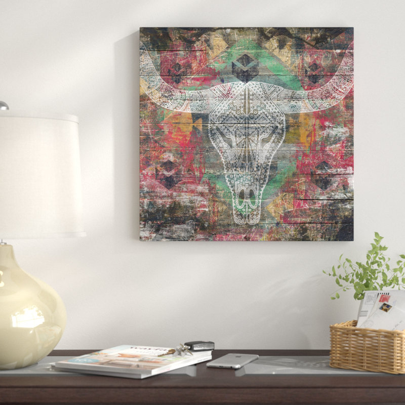 « ancêtres (crâne de vache) », impression sur toile, H 12 po x l 12 po x P 0,75 po, Toile tendue, Pas de tapis