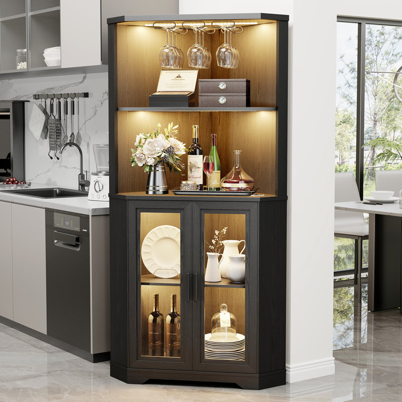 Corner Bar Cabinet With Led Lights, 65" Tall Wine Cabinet Liquor Stand With Glass Holder & Tempered Glass Door, Alcohol Storage With Human Body Sensor For Dining Room, Black