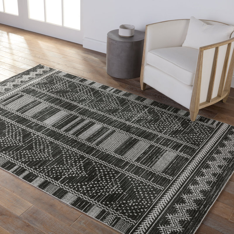Phoebe Machine Washable Kimmons Chevron Area Rug in Black/Light Gray, Rectangle 5'3" x 8'