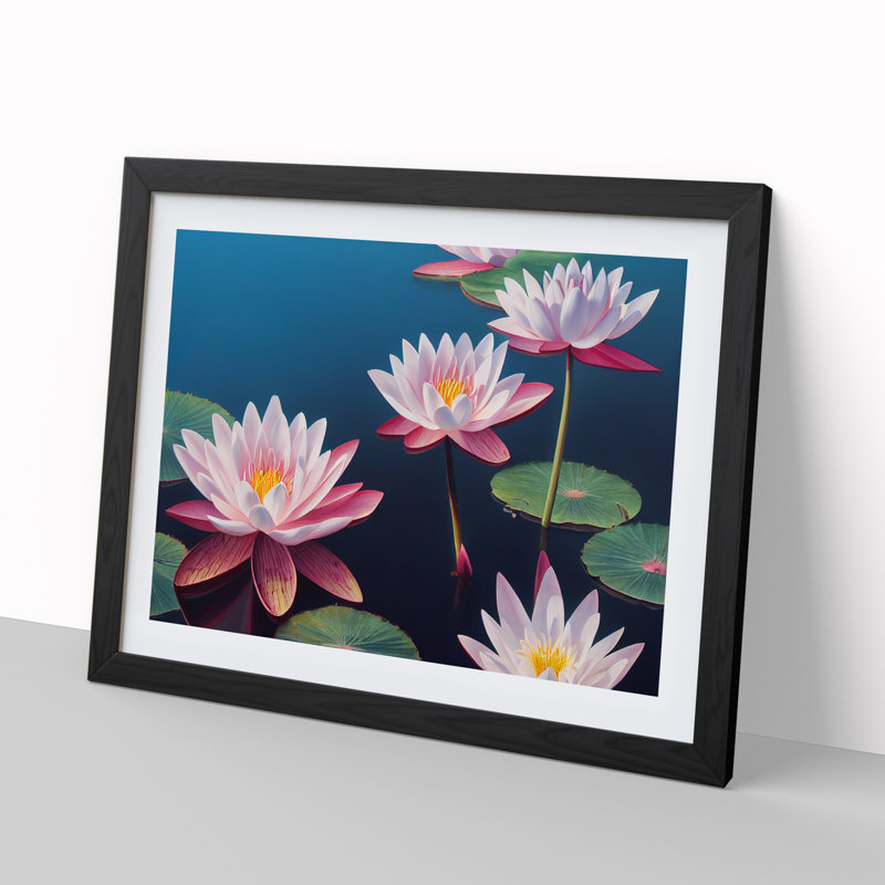 Cosmopolitan Water Lily Flowers - Single Picture Frame Painting, Black, 46cm H x 64cm W x 2cm D