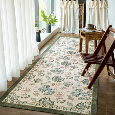 Chinoiserie Floral Rug Vintage Romance Design Washable Non-slip Green/Beige