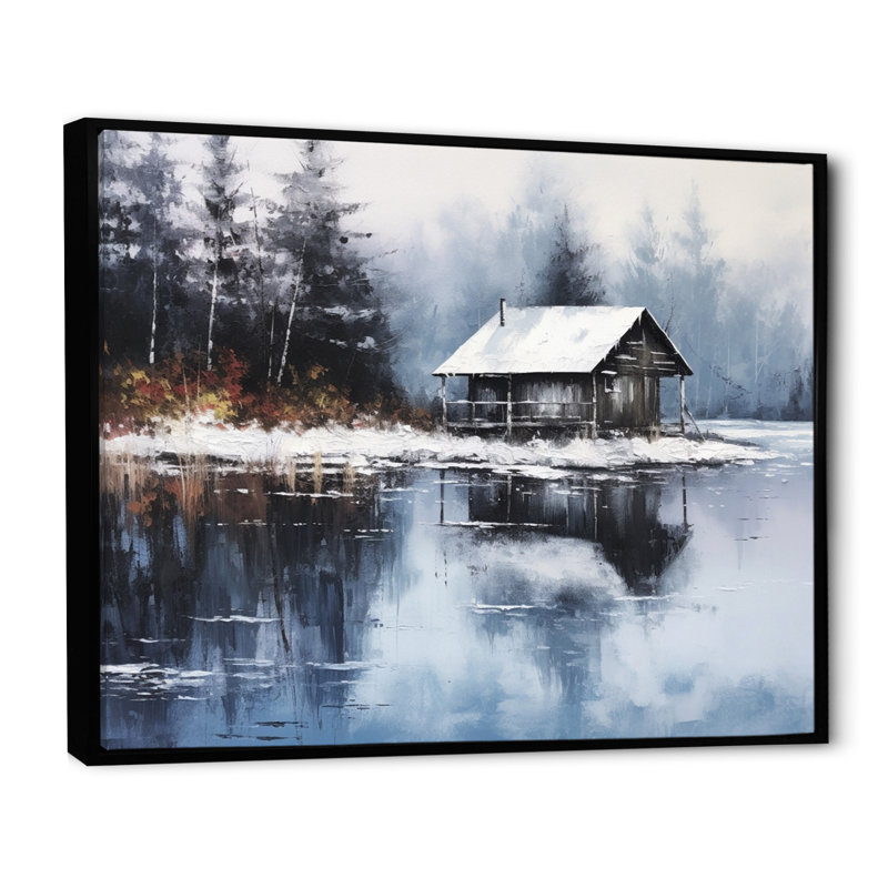 Cozy Snow Cabin IV sur toile, H 24 po x l 32 po x P 1 po, Cadre flottant noir