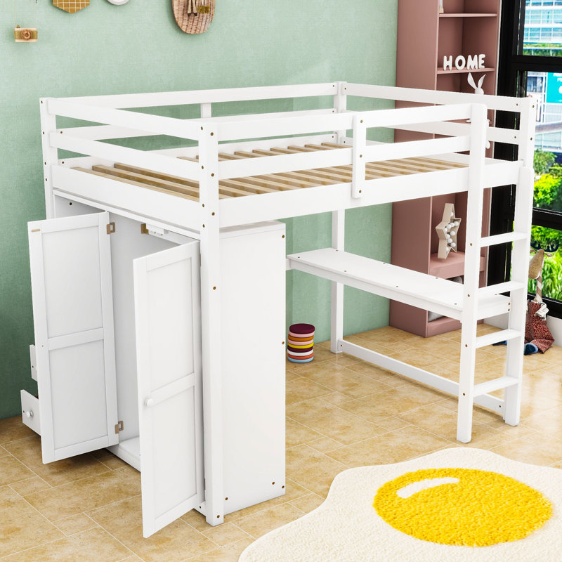 Lit mezzanine double avec garde-robe et bureau, Blanc