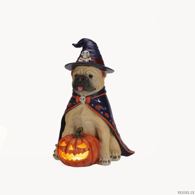 Halloween Bulldog Witch Statue with LED Light Up Jack-O-Lantern Pumpkin