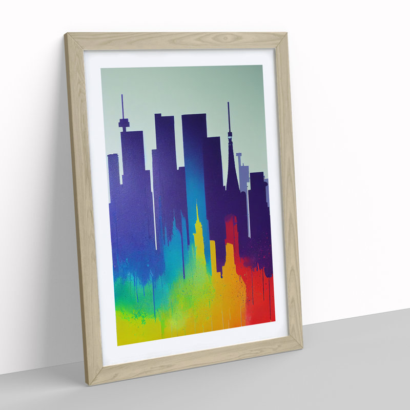 Colourful City Skyline No.5 Abstract - Wall Art, 48cm H x 36cm W, Oak Framed, White