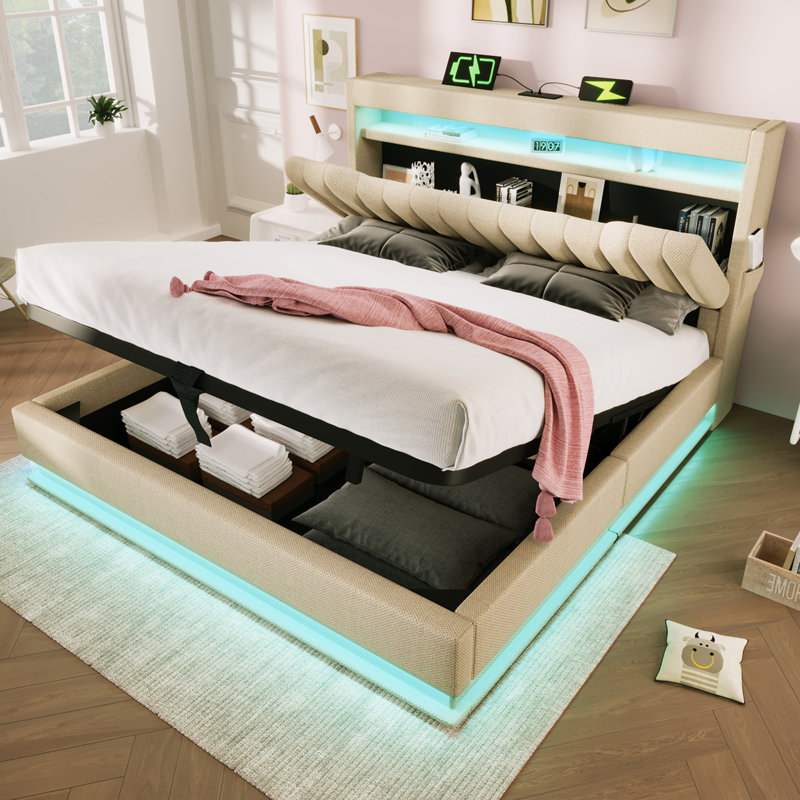 Coopersburg Upholstered Ottoman Storage Bed With LED Lighting, Beige, Super King (6')