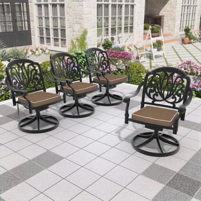 Outdoor Cast Aluminum Swivel Chair, 360° Swivel Function, with Brown Cushion (Set of 4)